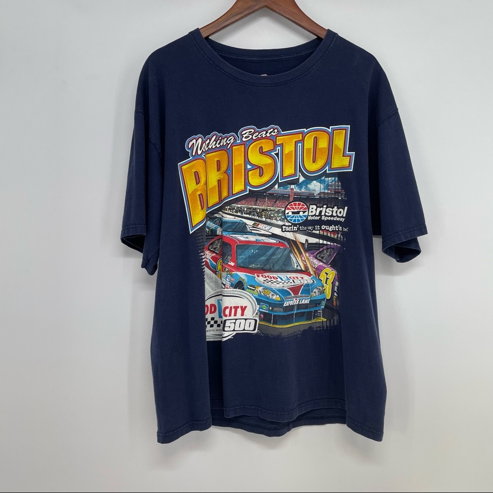 Vtg Nascar XL Racing Bristol 2008 Double Sided T Shirt Food City 500 Blue Cotton